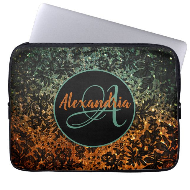 Stilvolle Orange- und Green Black Floral Monogram Laptopschutzhülle (Vorderseite)