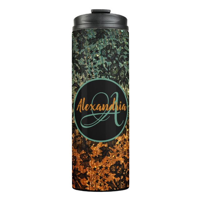 Stilvolle Orange- und Green Black Floral Monogram Thermosbecher (Vorderseite)