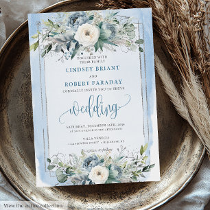 Stilvolle Pastel Blue White Silver Blume Hochzeit Einladung