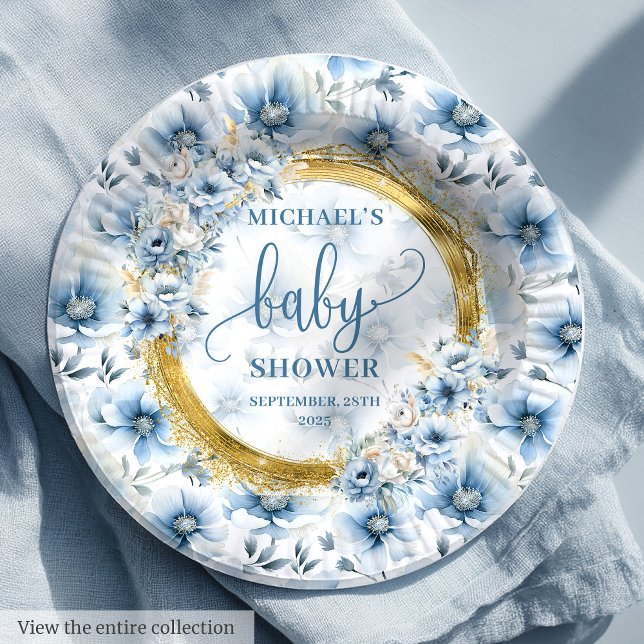 Stilvolle pastellblaue Blumen goldfarbenes Party m Pappteller (Stylish pastel blue flowers gold boho shower party Paper Plates)