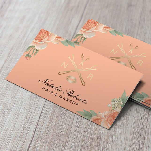 Stilvolle Peach Floral Hair Stylist Beauty Salon Visitenkarte (Von Creator hochgeladen)