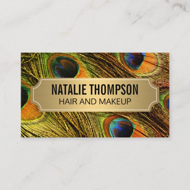 Stilvolle Peacock Feathers Gold Metallic Frame Visitenkarte (Vorderseite)