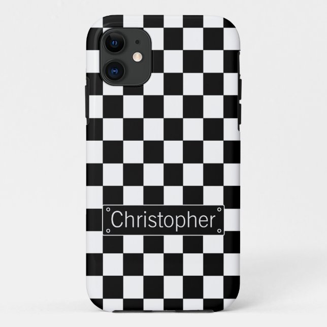 Stilvolle Personalisierte Schwarz-Weiß-Karos Case-Mate iPhone Hülle (Rückseite)