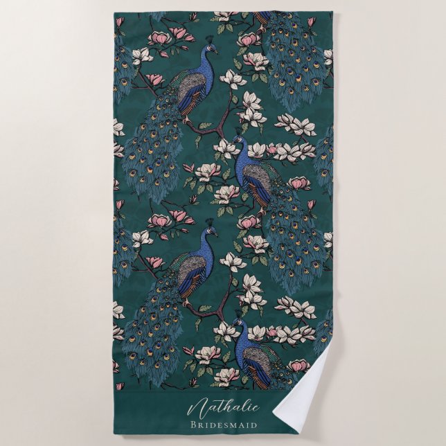 Stilvolle Pfau und Blume Bridesmaid Aquamarin Strandtuch (Vorderseite)