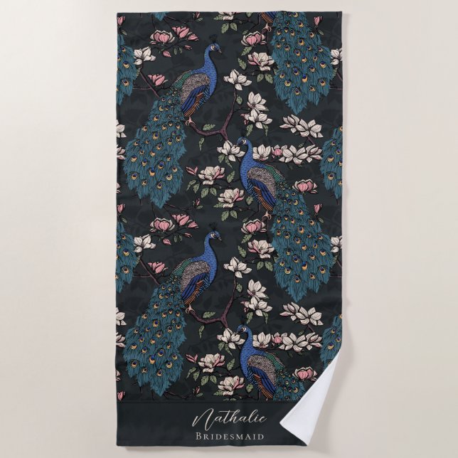 Stilvolle Pfau und Blume Bridesmaid Black Strandtuch (Vorderseite)