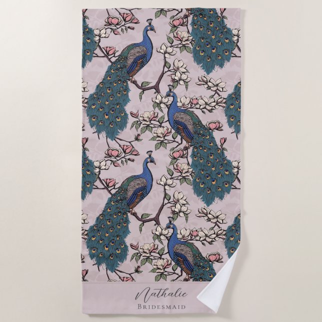 Stilvolle Pfau und Blume Bridesmaid Rosa Strandtuch (Vorderseite)