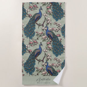 Stilvolle Pfau und Blume Bridesmaid Weiß Grün Strandtuch
