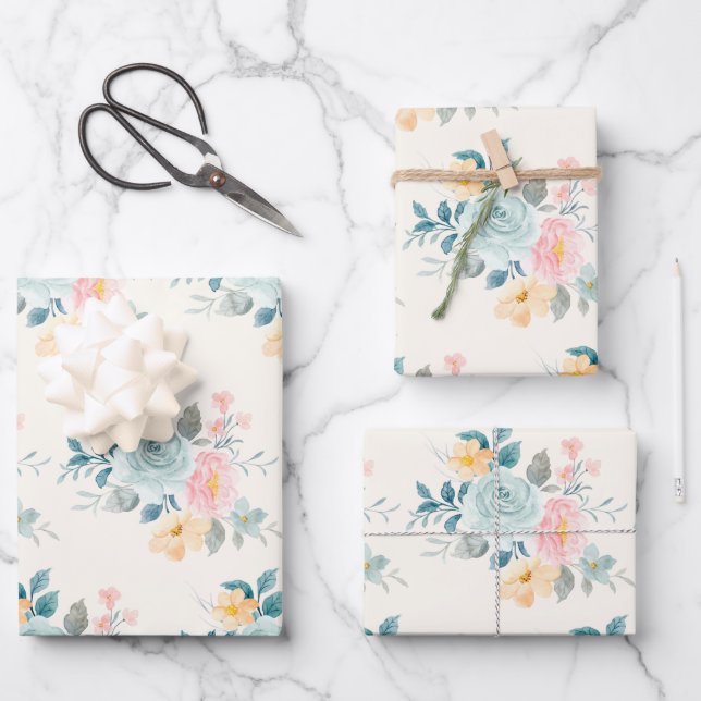 Stilvolle Pink & Blue Blume Bouquet Geschenkpapier Set (Vorderseite)