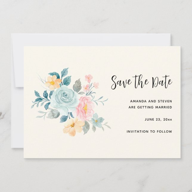 Stilvolle Pink & Blue Blume Bouquet Save The Date (Vorderseite)