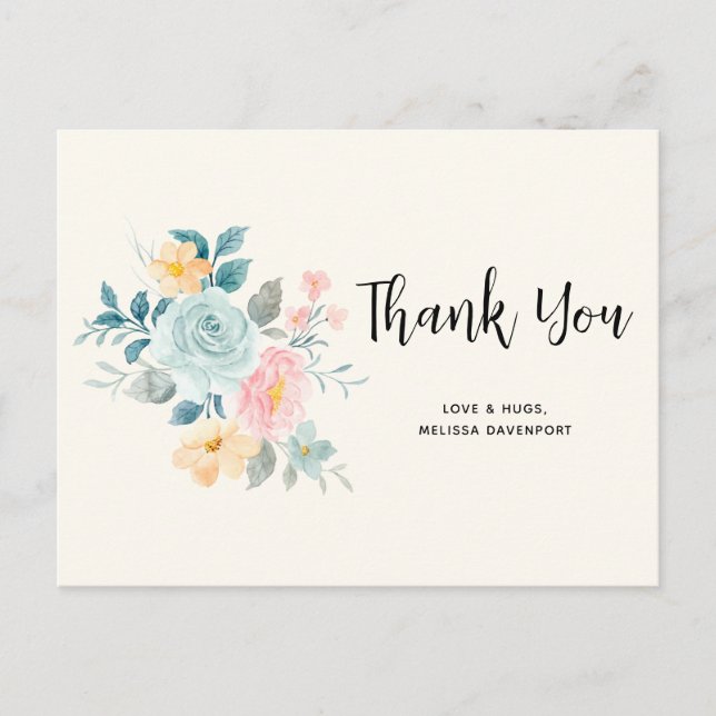 Stilvolle Pink & Blue Blume Bouquet - Vielen Dank Postkarte (Vorderseite)