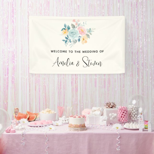 Stilvolle Pink & Blue Blume Bouquet Wedding Empfan Banner (Party)