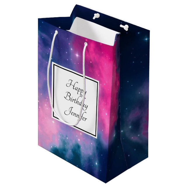 Stilvolle Pink & Blue Galaxy Stars Abstrakt Geburt Mittlere Geschenktüte (Vorderseite Schrägansicht)