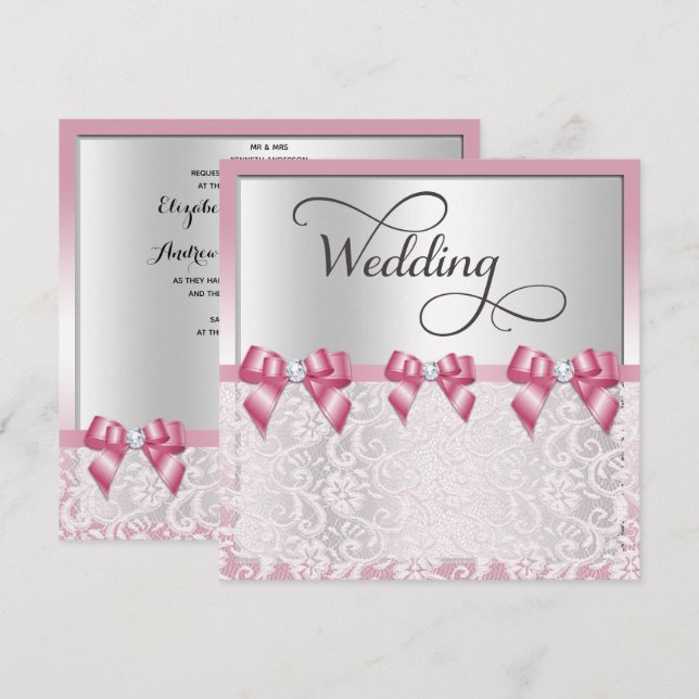 Stilvolle Pink Bows & Lace Wedding Einladung (Vorne/Hinten)