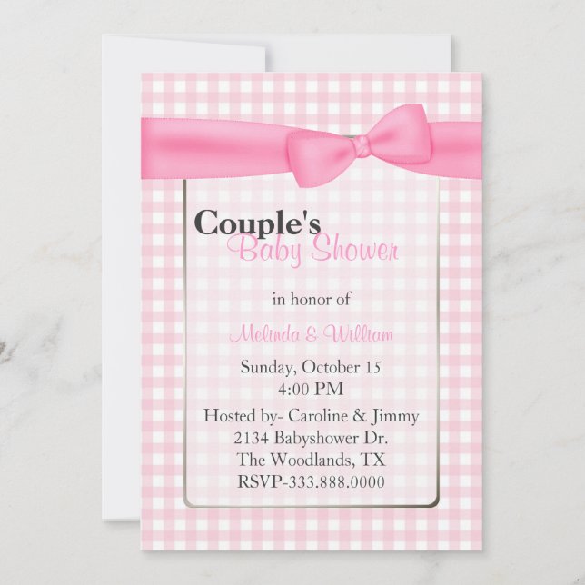 Stilvolle Pink Checkered Couple's Baby Dusche Einladung (Vorderseite)