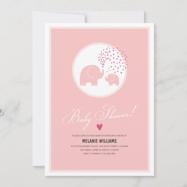 Stilvolle Pink Elephants Baby Girl Dusche Einladun Einladung (Vorderseite)