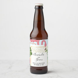 Stilvolle Pink Flamingo und tropische Blätter Hoch Bierflaschenetikett