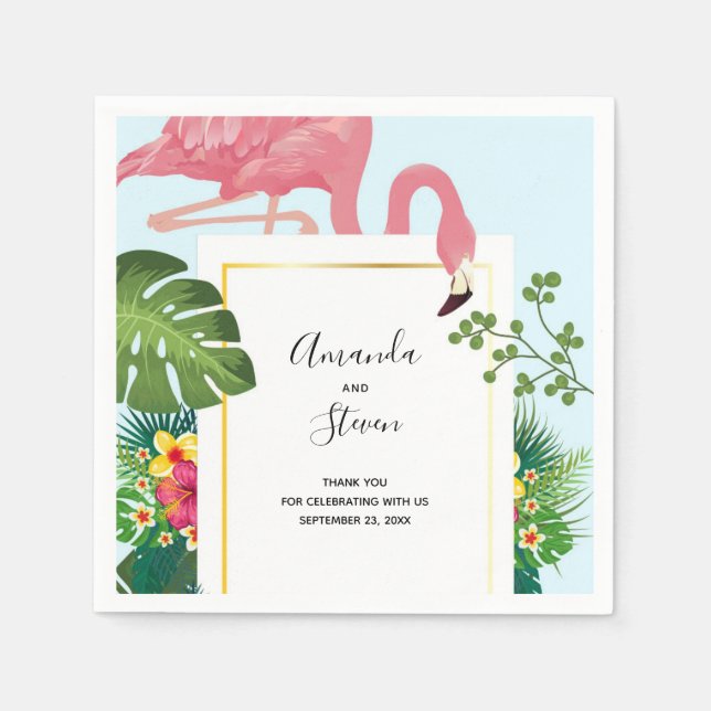 Stilvolle Pink Flamingo und tropische Blätter Hoch Serviette (Vorderseite)