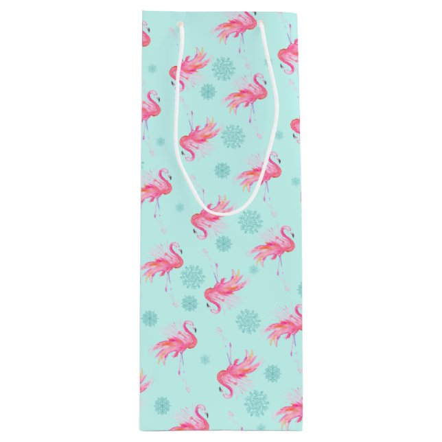 Stilvolle Pink Flamingo Weihnachtsschnee Flake Geschenktüte Für Weinflaschen (Vorderseite)