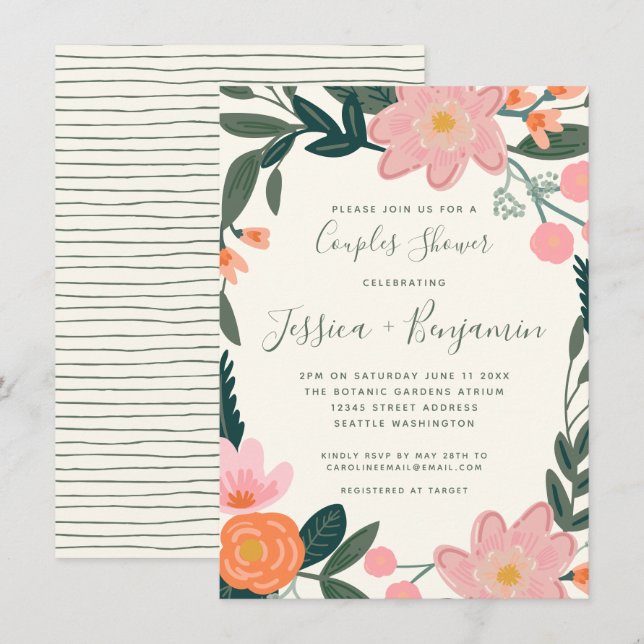 Stilvolle Pink Garden Floral Couples Dusche Einladung (Vorne/Hinten)