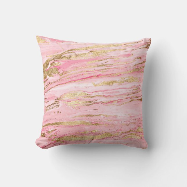Stilvolle Pink Gold Abstrakt Marble Liquid Paint Kissen (Vorderseite)