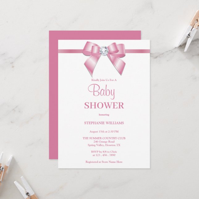 Stilvolle Pink Jewel Bow Baby Dusche Einladung (Vorderseite/Rückseite Beispiel)