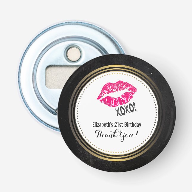 Stilvolle Pink Kissy Lips mit xoxo! Danke für Gebu Flaschenöffner (Vorderseite)