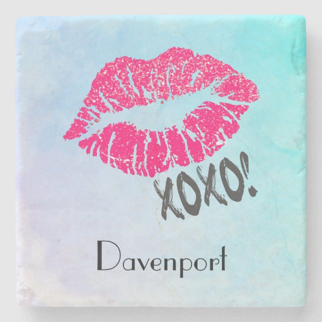 Stilvolle Pink Kissy Lips mit Xoxo! Personalisiert Steinuntersetzer (Vorderseite)