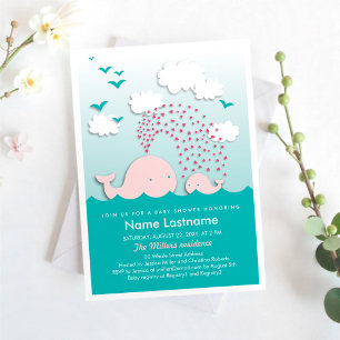 Stilvolle Pink Whales Herzens Mint Baby Dusche Einladung