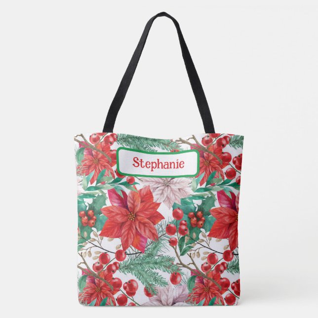 Stilvolle Poinsettias, Holly Berries, Pine Boughs Tasche (Rückseite)