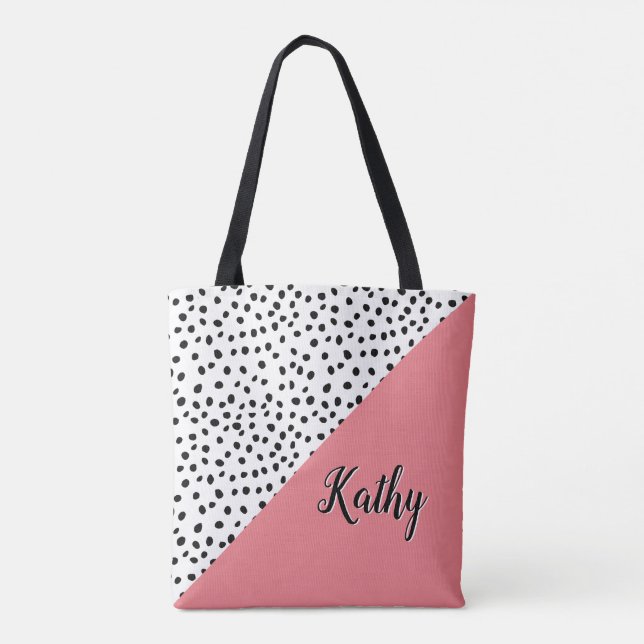 Stilvolle Polka Dot Pink & Black mit Name Tote Bag Tasche (Rückseite)