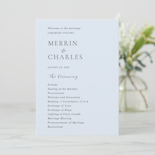 Stilvolle Powder Blue Modern Wedding Programm (Stehend Vorderseite)