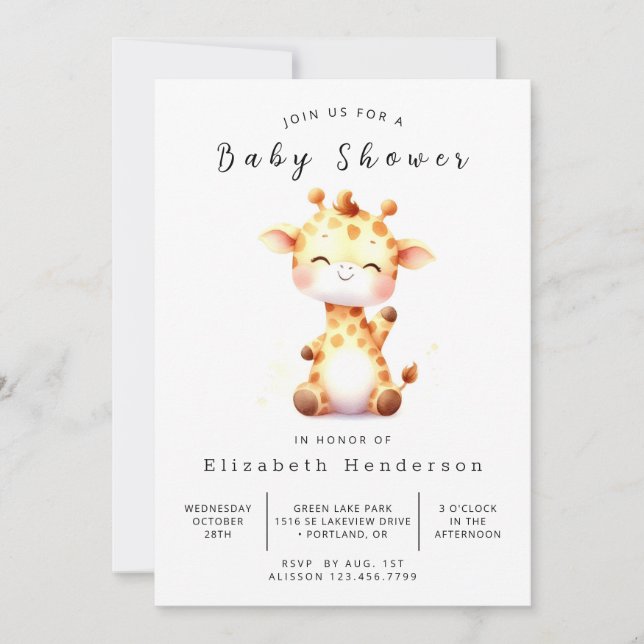Stilvolle Printable Giraffe Babydusche Einladung (Vorderseite)