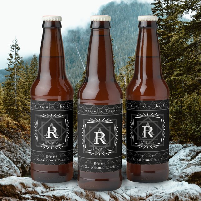 Stilvolle Rahmen Schwarz Monogram Bierflaschenetikett (Modern stylish Monogram Design. )