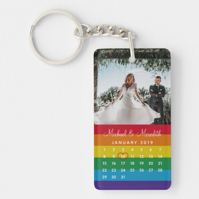 Stilvolle Rainbow Foto Wedding Date Calendar Schlüsselanhänger (Vorderseite)