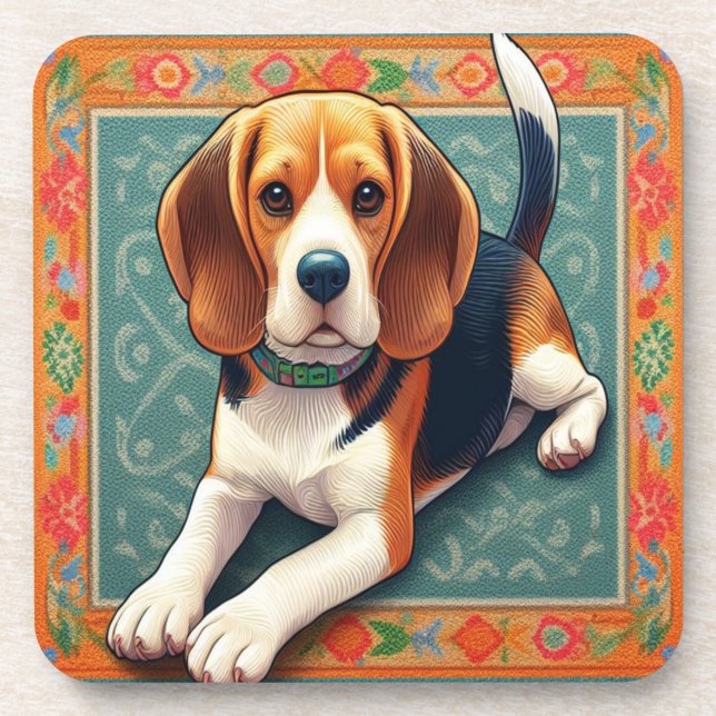 Stilvolle realistische 3D-Beagle Hunde farbenfrohe Getränkeuntersetzer (Vorderseite)
