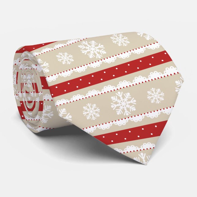 Stilvolle Red Beige Weiße Weihnachtsschneeflocken Krawatte (Gerollt)
