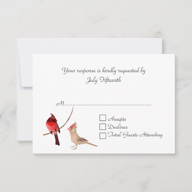 Stilvolle Red Kardinals Wedding RSVP Card Karte (Vorderseite)