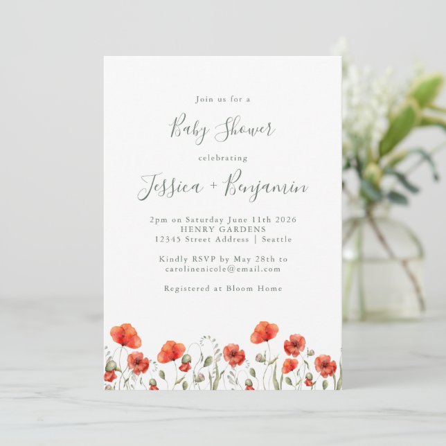 Stilvolle Red Poppy Garden Floral Baby Dusche Einladung (Stehend Vorderseite)