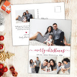 Stilvolle Red Script Foto Collage Weihnachten Postkarte<br><div class="desc">Minimalistische, stilvolle Elegant Calligraphy Red und White 4 Foto Collage "Merry Christmas" Script Weihnachten Weihnachten PostCards. Dieses festliche, einfache vier (4) Foto Urlaubskarten-Template verfügt über eine hübsche Foto-Collage und sagt "Frohe Weihnachten"! Der "Frohe Weihnachten"-Grußtext ist in einem wunderschönen handgeschriebenen Wirblen Swash-Schwanz Schriftart-Typ geschrieben. Auf der Rückseite mit Ihrer Grußbotschaft mit...</div>