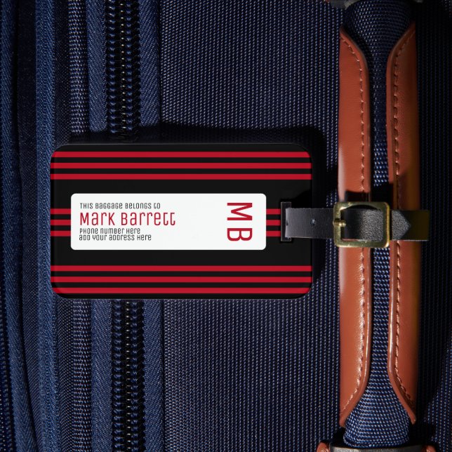 Stilvolle Red Stripes Mit Monogramm (Name und Init Gepäckanhänger (Vorderseite Insitu 4)
