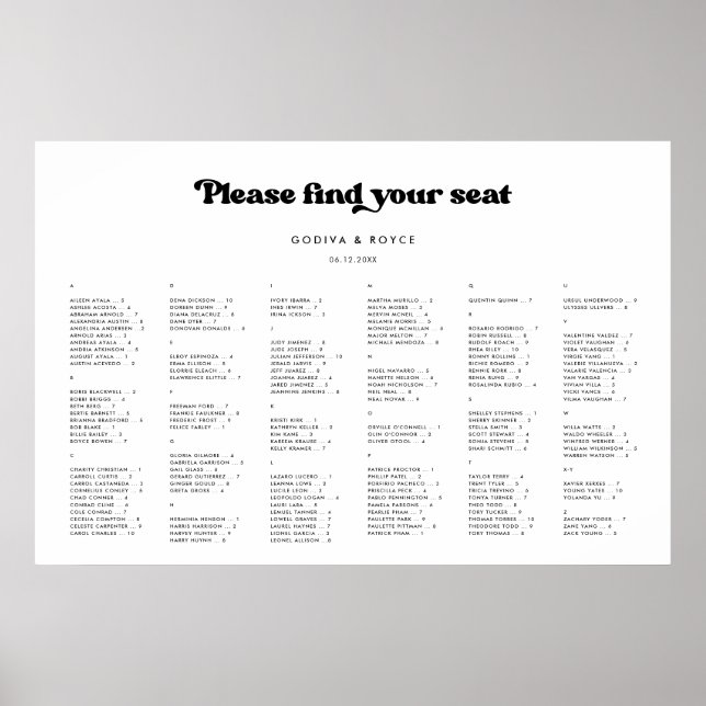 Stilvolle Retro-Alphabetische Sitzkarte Poster (Vorne)