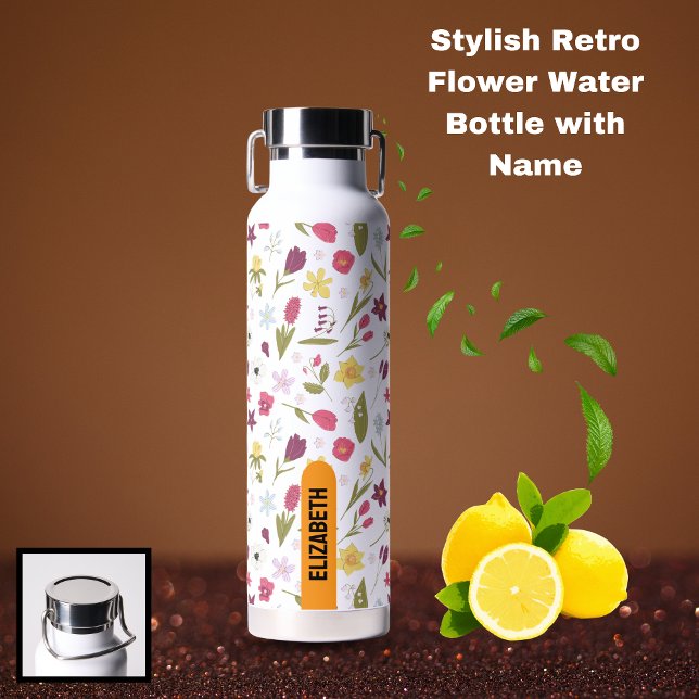Stilvolle Retro Blume Wasser Flasche mit Name (Stylish Retro Flower Water Bottle with Name)
