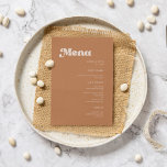 Stilvolle Retro-Braun-Zucker-Hochzeit Menükarte<br><div class="desc">Ein Retro-Chic-Thema: adoptier dieses leicht Vintage und stilvolle typografische Design für Ihre Hochzeitsarbeit mit einem verbrannten Orange,  Terrakotta,  braunem Zucker und pfirsichrosa Thema. Vollständig anpassbarer Text,  Farben und Hintergrund.</div>