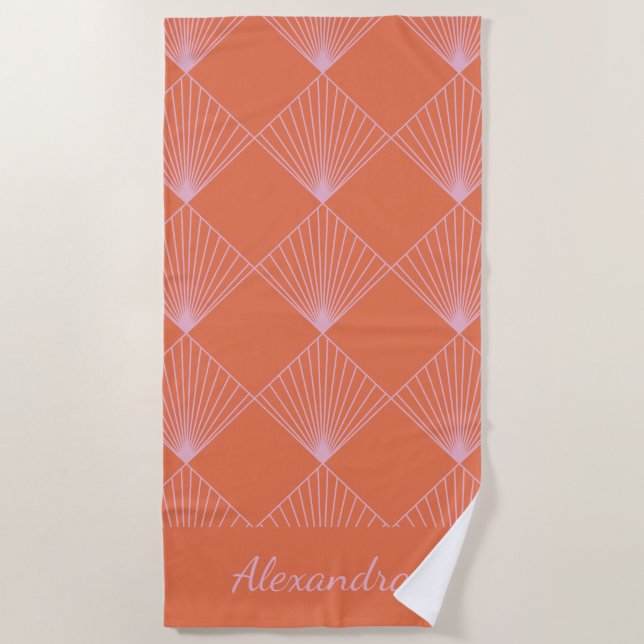 Stilvolle Retro Orange Rosa Art Deco Personalisier Strandtuch (Vorderseite)