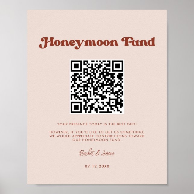 Stilvolle Retro Peach Pink Honeymoon Fonds QR-Code Poster (Vorne)