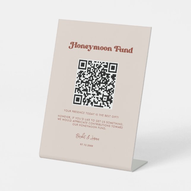 Stilvolle Retro Peach Pink Honeymoon Fonds QR-Code Sockelschild (Vorderseite)