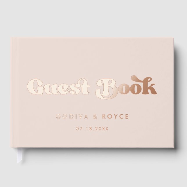 Stilvolle Retro Peach Pink Rose Gold Folie Hochzei Gästebuch (Vorderseite)