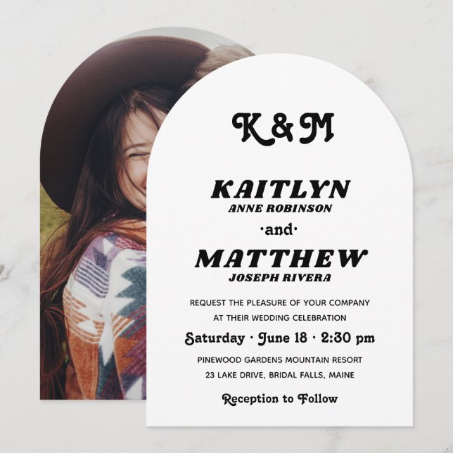 Stilvolle Retro Typografy Monogram Foto Wedding Einladung (Vorne/Hinten)