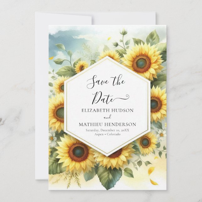 Stilvolle romantische Sonnenblumenhochzeit Save The Date (Vorderseite)