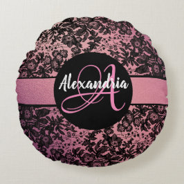 Stilvolle Rosa Blush Black Floral Monogram Rundes Kissen